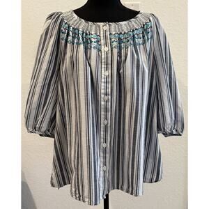 Catherines Embroidered Striped Blouse with Balloon Sleeves Size 1X WP